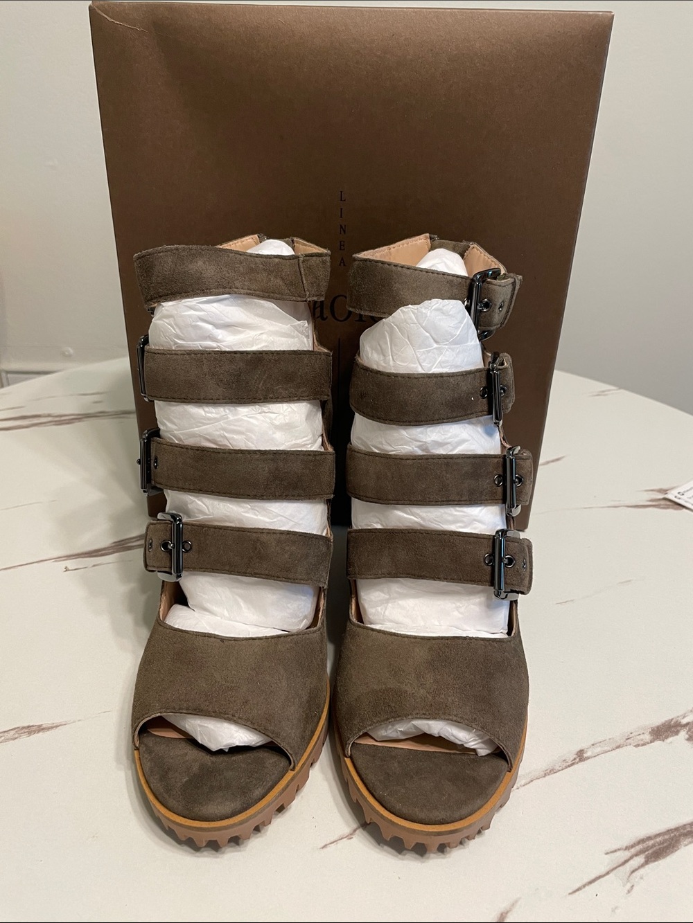 PAOLO Wisteria Unique High Heel Cool Sandels in Olive Suede LeatherSz 9M